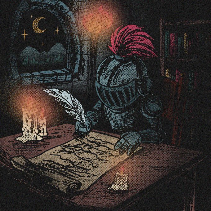 A pixel art illustration of a knight in armor with a red plume writing with a quill at a candlelit desk in a gothic setting.