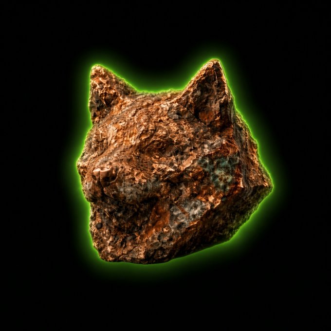 A rough, rocky 3D model of a gecko head with a brown and tan textured surface, surrounded by a bright green glowing outline against a black background.