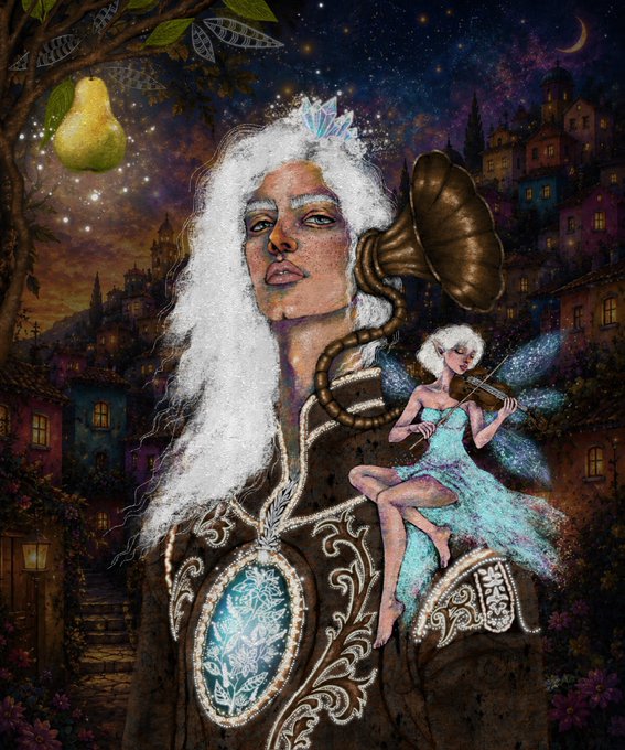 A fantasy illustration featuring a large-faced woman with flowing white hair and a crown, accompanied by a small fairy playing a violin, set against a backdrop of a magical night village with stars and a crescent moon.