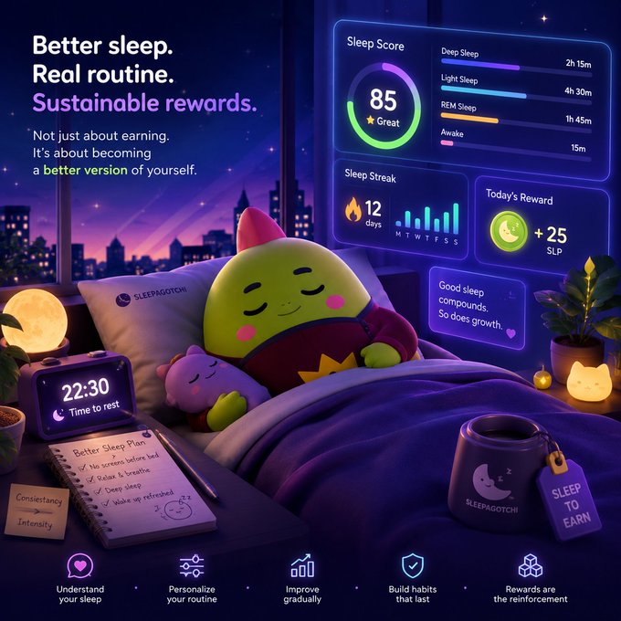 The image is a promotional graphic for **Sleepagotchi**, featuring a cute green character tucked in bed under a starry purple night sky, with a dashboard showing a Sleep Score of **85 ("Great")**, a 12-day streak, and a **+25 SLP** daily reward, alongside a notebook listing sleep habits like "No screens before bed" and "Deep sleep," plus a mug labeled "SLEEP TO EARN." It visually reinforces the post's point by showing that Sleepagotchi pairs meaningful sleep improvement with sustainable token rewards rather than relying on rewards alone.
