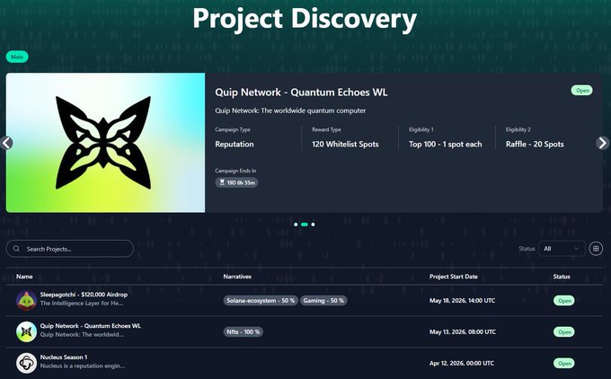 The image shows a computer screen displaying a project discovery page for a Quantum Echos network, with a butterfly logo at the top of the page. The text "Project Discovery" is visible, indicating that this is an important feature on the platform. The website also provides information about the network's capabilities and features, such as its ability to filter noise from the compute layer and its reputation scoring system for determining the quality of potential networks.