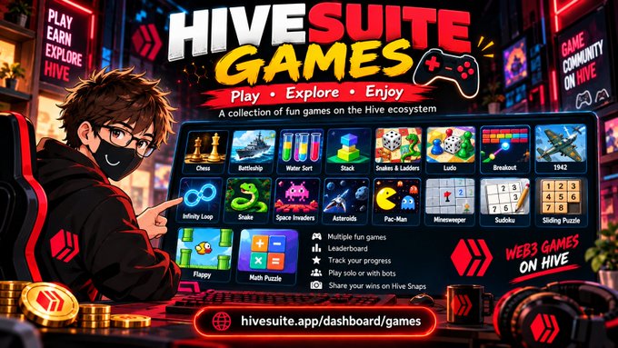 A promotional banner for 'HiveSuite Games' featuring a cartoon character and various game icons including Chess, Battleship, Water Sort, and Ludo, with the URL 'hivesuite.app/dashboard/games'.