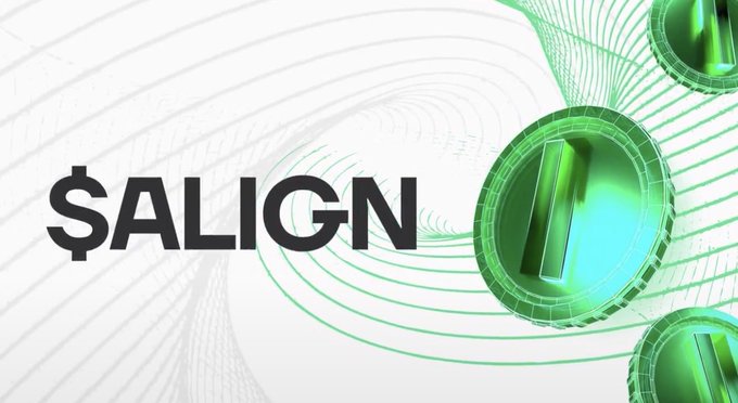 A logo banner displaying "$ALIGN" in black text next to a glowing green coin with an "A" symbol, set against a white background with green wave patterns.