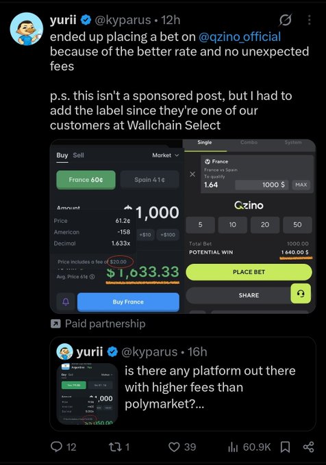 A tweet from @kyparus explaining ending a partnership with @qzino_official for better rates, shown as a paid partnership, with betting screenshots showing a France vs Spain wager and a referenced tweet about polymarket's high fees.