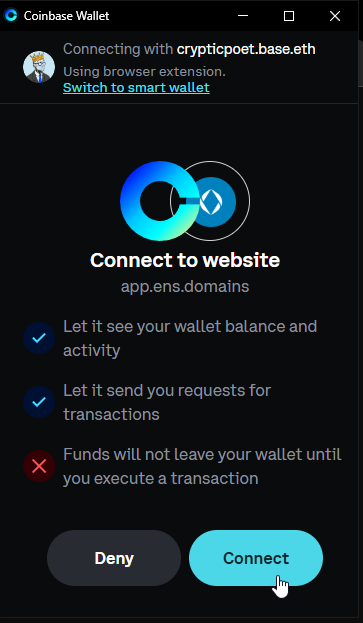 A Coinbase Wallet popup on a dark interface asking to connect to 'app.ens.domains' via 'crypticpoet.base.eth', with 'Deny' and 'Connect' buttons.