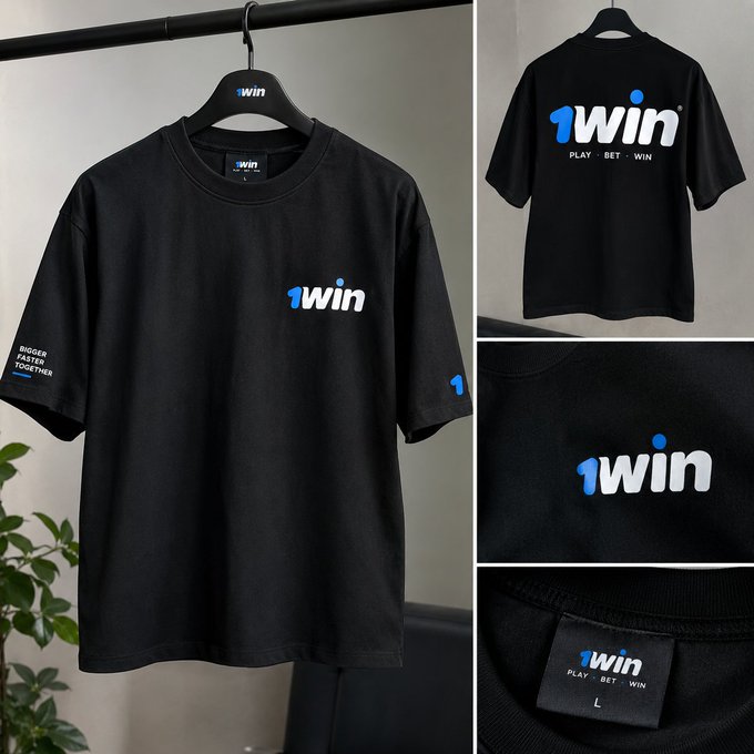 A black t-shirt is displayed featuring '1win' branding with 'PLAY · BET · WIN' text and 'BIGGER FASTER TOGETHER' printed on the sleeve.