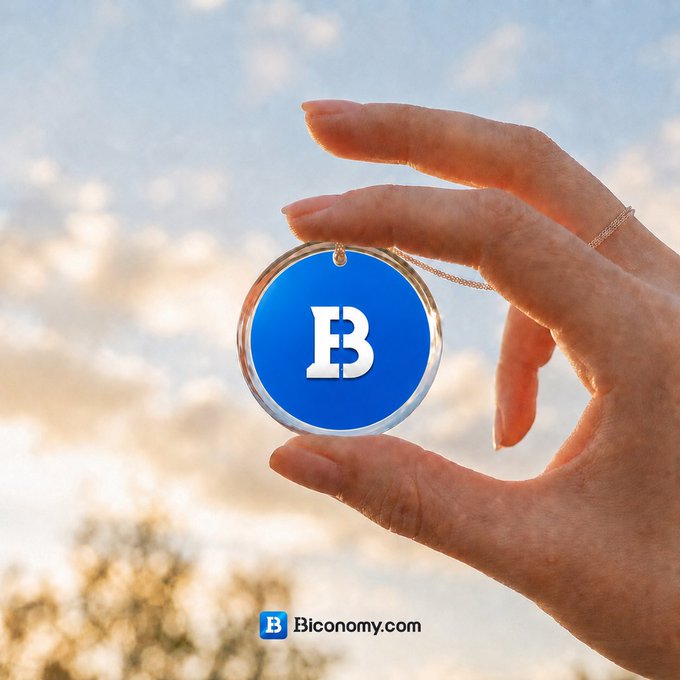 The image shows a hand holding up a blue circular pendant that has the letter "B" on it, possibly representing Bitcoin or another cryptocurrency symbol. The background of the image features a clear sky with clouds, suggesting an outdoor setting. The caption below the image reads "Biconomy.com". This suggests that the person holding the pendant might be interested in cryptocurrencies and is using Biconomy as their source for information or discussion about these digital assets.