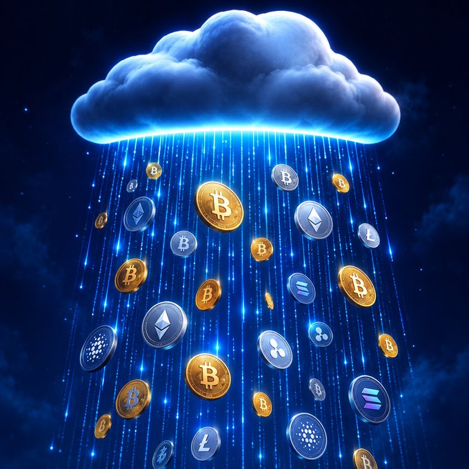 A digital illustration depicts various cryptocurrency coins, including Bitcoin, Ethereum, and Solana, raining down from a glowing blue cloud against a starry background.
