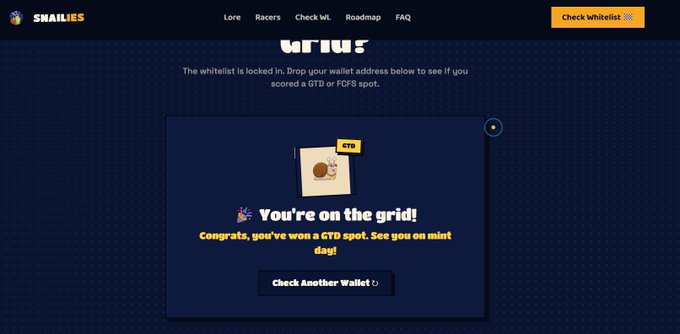 Screenshot of the Snailies crypto project website showing a 'You're on the grid!' confirmation message for winning a GTD spot on the whitelist.