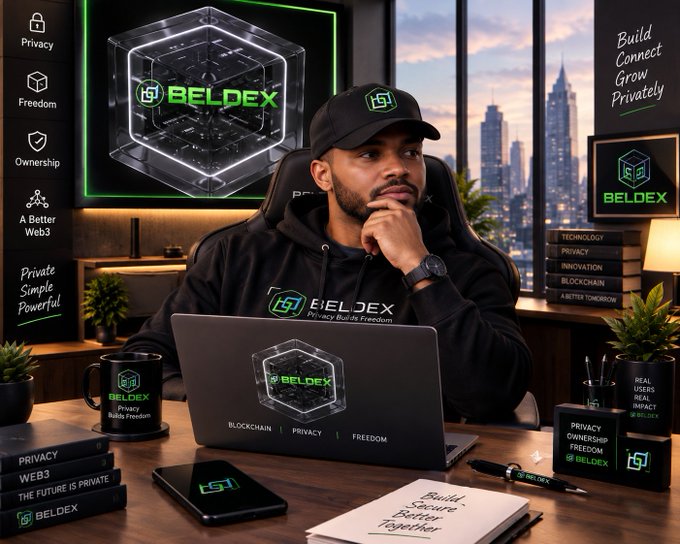 A promotional image shows a man in a black 'BELDEX' hoodie and cap sitting at a desk with a branded laptop, mug, and books, with text highlighting 'Privacy', 'Freedom', 'Ownership', and 'A Better Web3'.