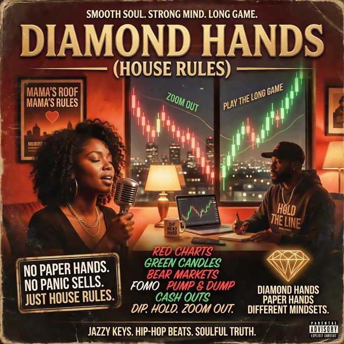 This image appears to be album or track artwork titled "Diamond Hands (House Rules)" with a parental advisory label, featuring a stylized illustration of a woman singing into a vintage microphone and a man in a "Hold the Line" hoodie analyzing trading charts, surrounded by crypto-meme slogans like "No Paper Hands. No Panic Sells. Just House Rules." and "Zoom Out. Play the Long Game." The artwork visually reinforces the post's promo for a new track releasing on SoundCloud, tying the crypto-trading/holding theme to the #MOMS token on Solana.