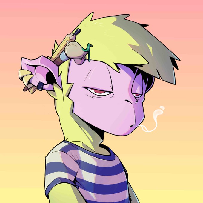 A digital anime-style illustration of a purple-skinned character with messy blonde hair, tired red eyes, and a striped purple and white shirt, holding a pencil-like object behind their ear against a sunset gradient background.