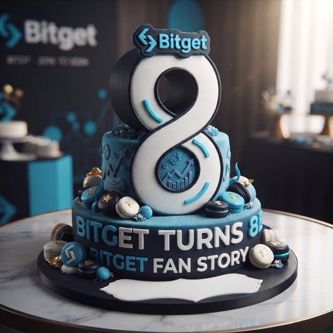 An elaborate blue and white tiered birthday cake featuring a large number '8' and Bitget branding, with text reading 'BITGET TURNS 8' and 'BITGET FAN STORY' displayed on the base.