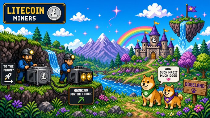A pixel-art illustration titled 'LITECOIN MINERS' showing two miners with mining equipment, a 'TO THE MOON?' sign, and two Shiba Inu dogs in 'DOGELAND' near a castle.