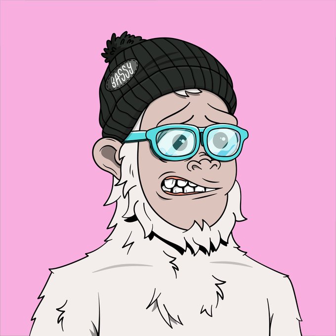 Digital cartoon illustration of a white furry creature wearing a black beanie with a 'SASSY DOGG' patch and teal-framed glasses against a pink background.