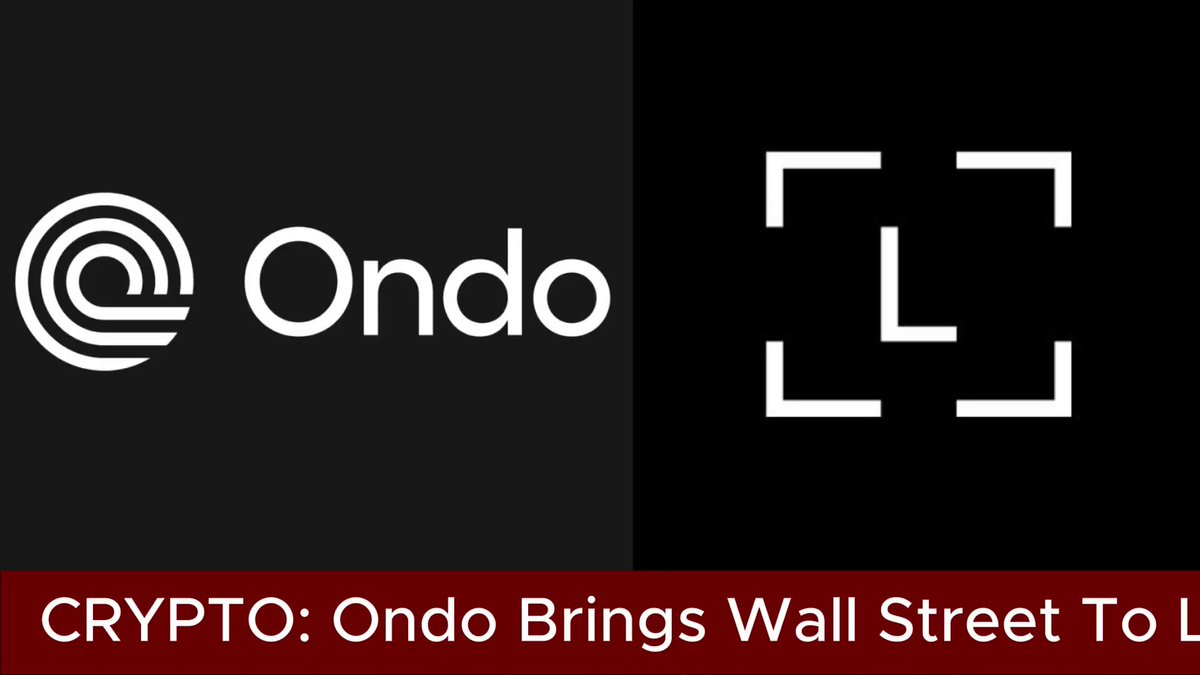 The image features a logo that combines two different logos - one representing "Ondo" (a cryptocurrency) and another representing "L" (an investment firm). The text below the logos reads, "Crypto: Ondo brings Wall Street To Ledger Wallets Ondo Finance @OndoFinance". This suggests that Ondo is a cryptocurrency company that has integrated its tokenized stocks and ETFs directly into Ledger Wallet. The integration allows native swaps for assets such as tokenized Nvidia, Amazon, and McDonald's shares.