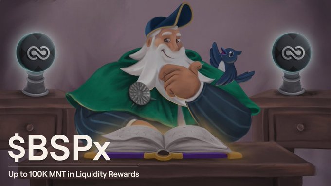 A wizard-like figure in green robes sits at a desk reading a large open book, flanked by two pedestals displaying the bent "B" logo of Bendingspoons. Text overlays read "$BSPx" and "Up to 100K MNT in Liquidity Rewards." The image visually reinforces the post by depicting $BSPx as a newly arrived magical guest on Mantle's "Ultrasound DEX," while the reward text ties into the Project X and xPoints earning incentives mentioned.