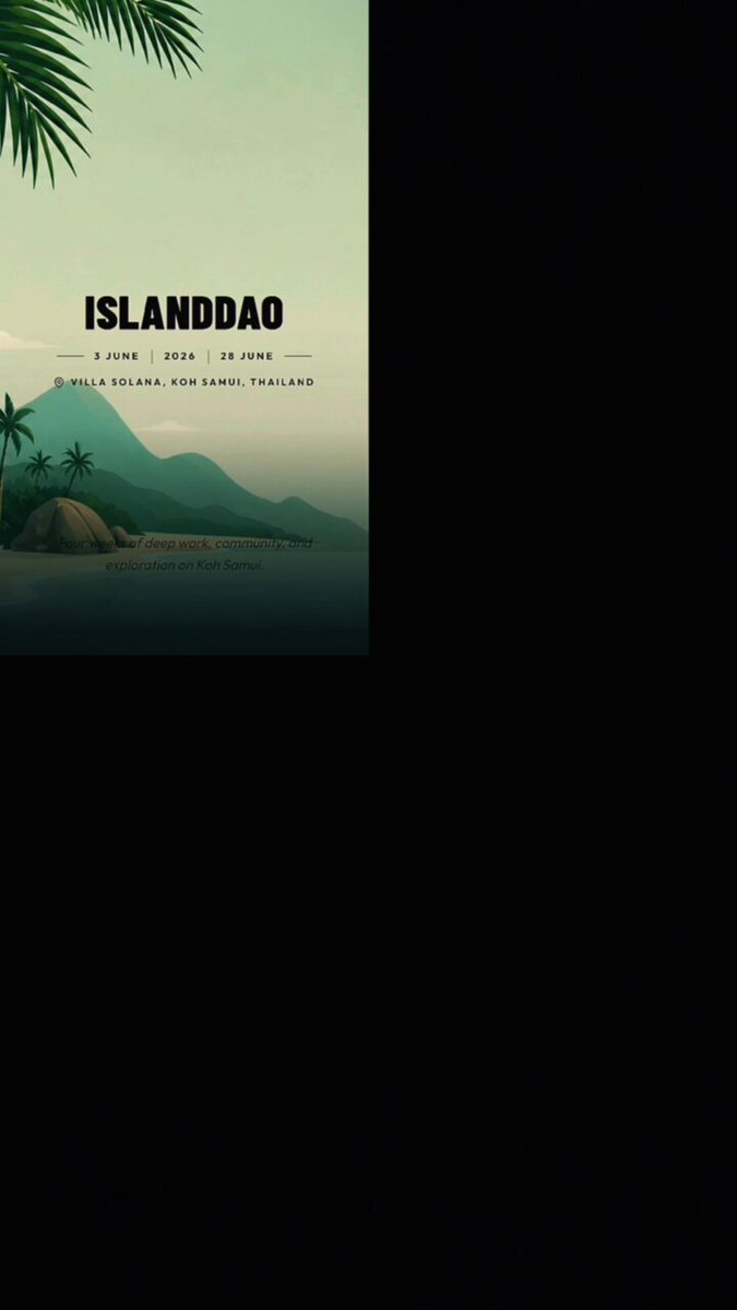 The image features a poster for an island called @islanddao. The poster has a black background with white text that reads "Islanddao". Below this, there are two pictures of a beach scene with palm trees and mountains. The poster also includes a caption that says "craziest takeaway from day one on the island was the number of new faces of @solana builders showing up, faces I'd never met." This caption is related to the post because it seems to be discussing the popularity of the island or the number of people who have visited.