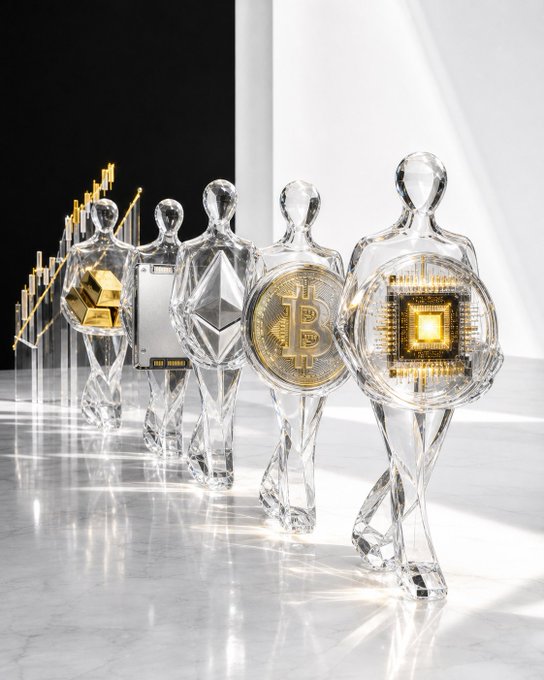 Crystal trophy-like figures showcase key financial assets—gold bars, a notepad labeled "PORTFOLIO," an Ethereum diamond, a Bitcoin coin, and a microchip—arranged in a reflective display that symbolizes the diverse, around-the-clock opportunities available on the WEEX trading platform.