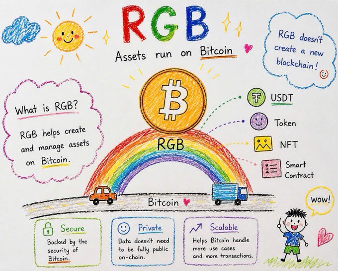A colorful hand-drawn infographic explaining the 'RGB' protocol, stating 'Assets run on Bitcoin' and 'RGB helps create and manage assets on Bitcoin,' with illustrations of a Bitcoin, rainbow, cars, and features labeled Secure, Private, and Scalable.