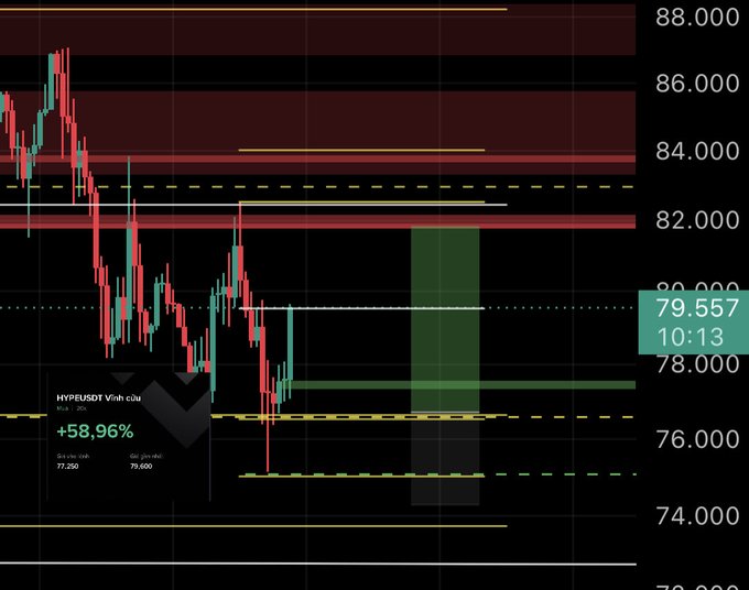 Trading chart showing HYPEUSDT price at 79.557 (+58.96%) with red resistance zones and yellow/green support levels on a 20s timeframe.