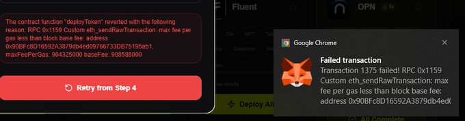 Two screenshots showing a failed MetaMask transaction with an error message about max fee per gas being less than block base fee, and a Google Chrome popup displaying a similar failed transaction error with a fox illustration.