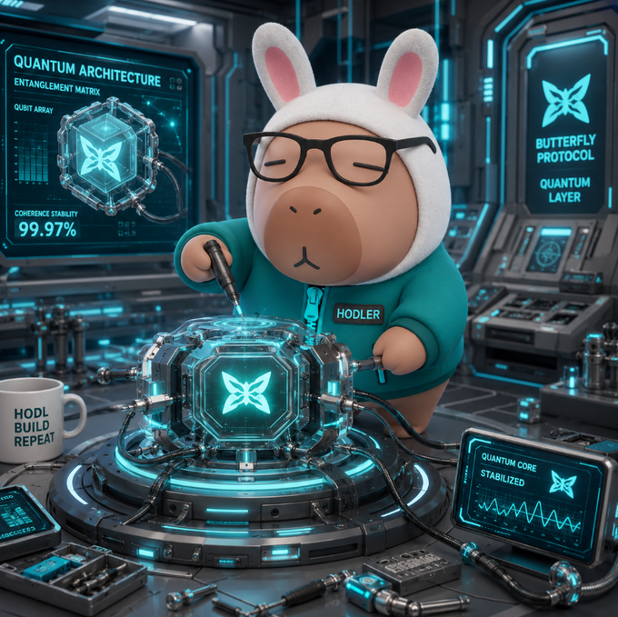A cartoon capybara in a "HODLER" hoodie meticulously works on a glowing quantum device displaying "QUANTUM ARCHITECTURE" with 99.97% coherence stability, alongside "BUTTERFLY PROTOCOL" and "QUANTUM CORE STABILIZED" readouts, with a coffee mug reading "HODL BUILD REPEAT"—mirroring the post's theme of building decentralized quantum compute infrastructure today rather than waiting for the future.