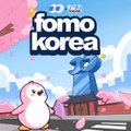 A promotional image for "FOMO Korea" by APY features a pink character and a blue bird mascot, with the text "fomo korea" displayed prominently. The image ties to the post by promoting the $POLLY token in the @fomo trading competition, highlighting the pink-themed community ("pink huddle") with the pink character serving as a visual cue for the token's branding.