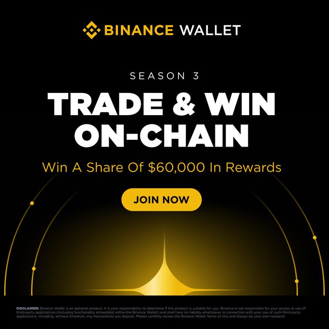 The image features a black background with yellow and gold lines against it, suggesting that it is related to the Bitcoin Wallet trading platform. A large white "Trade & Win On-chain" button stands out prominently, drawing attention to the promotion for Trade & Win on-chain activities during Season 3 of the show. The text in the image indicates a link to join now and states that there have been successful ends to all seasons 3's trade and win activities.