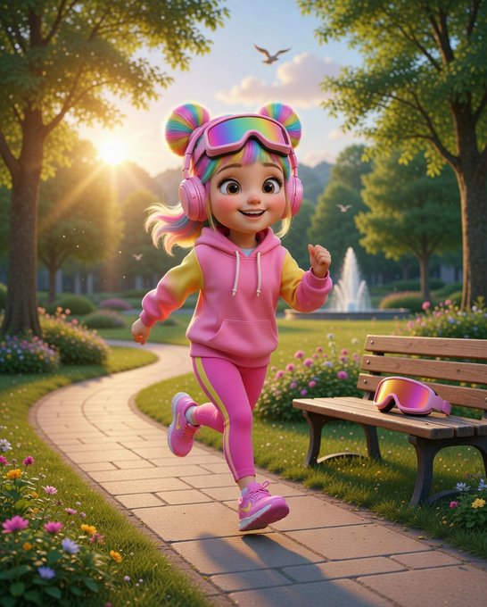 The image features a cartoon girl running down a path, wearing headphones and sunglasses while listening to music or an audiobook. The scene takes place outdoors, possibly at a park, where there are trees and flowers around her. The girl appears to be enjoying herself as she runs along the path.