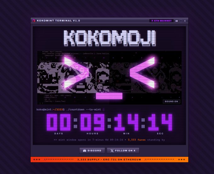 The image shows a "Kokomoji Terminal V1.0" with an "ETH Mainnet" connection, featuring a glowing pink terminal-style display with a countdown timer reading 00:09:14:14 (days, hours, min, sec) and the command "koko@int:~/3333 ./countdown --to-mint." A banner at the bottom notes "3,333 SUPPLY - ERC-721 ON ETHEREUM" with 3,333 faces waiting in line for the mint, and links to Discord and X (Twitter). This visually represents the Kokomoji NFT project launch mentioned in the post, counting down to the public mint window opening tonight for its 3,333-piece ERC-721 collection on Ethereum.