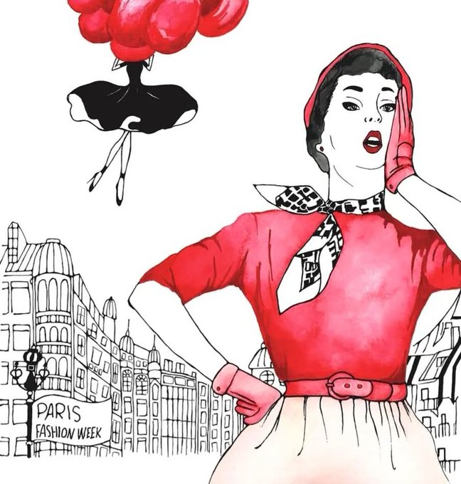A fashion illustration in red, black, and white of a woman in a red dress with a matching headscarf and patterned scarf, set against a Paris cityscape with a sign reading 'PARIS FASHION WEEK', with a figure holding red balloons floating above.