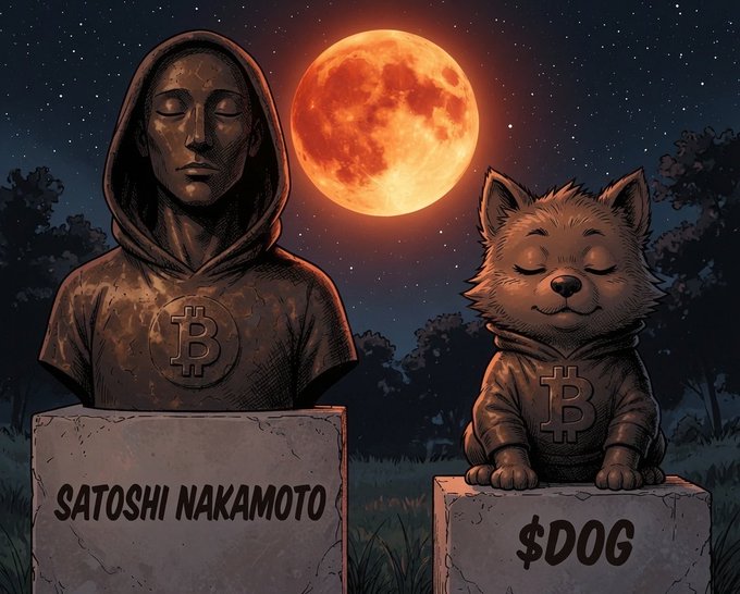A digital illustration shows two bronze statues under a full moon: one of a hooded figure with a Bitcoin symbol labeled "SATOSHI NAKAMOTO," and another of a dog in a hoodie also bearing a Bitcoin symbol, labeled "$DOG."
