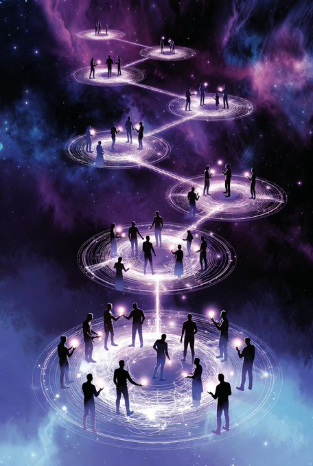 A digital artwork showing silhouettes of people standing on glowing circular platforms connected by light beams, set against a purple and blue cosmic background.