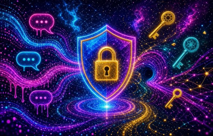 A vibrant digital artwork featuring a glowing neon shield with a padlock icon in the center, surrounded by colorful keys, speech bubbles, and abstract flowing lines against a cosmic background.