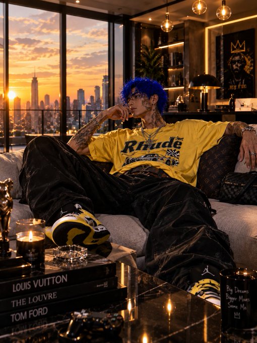 A stylized scene shows a person with blue hair wearing a yellow "Rhude" t-shirt and luxury accessories (including Louis Vuitton, The Louvre, and Tom Ford books) lounging on a couch with a city skyline at sunset.