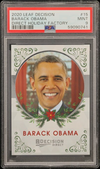 A PSA-graded 2020 Leaf Decision Barack Obama Direct Holiday Factory trading card, graded Mint 9, featuring a holiday-themed portrait of the former president in a poinsettia wreath.