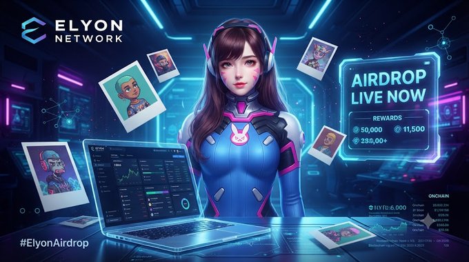 A promotional banner for 'ELYON NETWORK AIRDROP LIVE NOW' featuring a female character in a futuristic blue suit surrounded by trading interfaces and NFT cards, with rewards of 50,000, 11,500, and 23,000+ listed.
