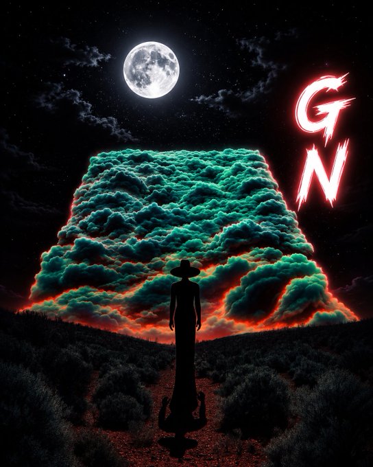 A stylized digital artwork featuring a silhouetted figure in a wide-brimmed hat standing before glowing teal and red clouds, with a full moon above and a red 'GN' logo in the corner.