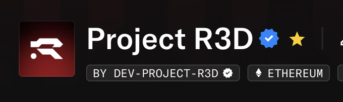 A dark-themed banner showing 'Project R3D' with a verified blue checkmark and star, tagged 'BY DEV-PROJECT-R3D' on the Ethereum network.