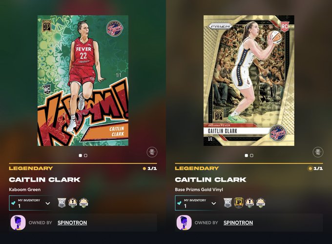 Two digital trading cards of basketball player Caitlin Clark displayed side by side: a 'Kaboom Green' Legendary rookie card on the left and a 'Base Prisms Gold Vinyl' card on the right, both owned by SPINOTRON.