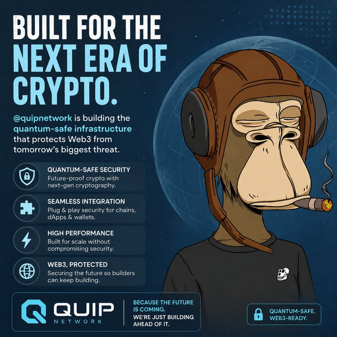 A promotional graphic for "QUIP Network" featuring a cartoon monkey wearing a pilot's helmet and smoking a cigar, advertising quantum-safe infrastructure for Web3 with features including quantum-safe security, seamless integration, high performance, and Web3 protection.