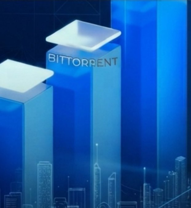 A blue graphic showing the 'BitTorrent' logo on top of a tall building or column, with a stylized city skyline at the bottom.