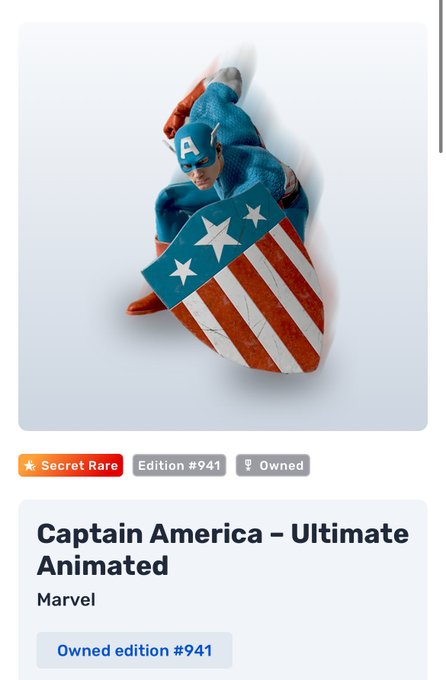 A digital collectible card showing Captain America in his classic red, white, and blue costume holding his star-spangled shield, labeled "Secret Rare," "Edition #941," and "Owned" with the title "Captain America – Ultimate Animated" by Marvel.