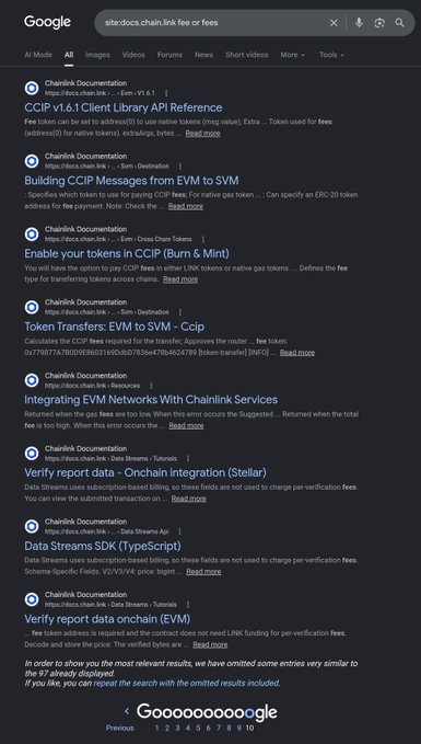A Google search results page for 'site:docs.chain.link fee or fees' displays various Chainlink Documentation links related to CCIP fees, gas fees, and LINK tokens.