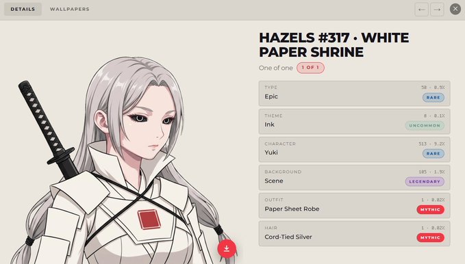 A digital trading card or NFT details screen showing an anime-style character named Yuki with attributes such as "Epic," "Ink," "Scene," "Paper Sheet Robe," and "Cord-Tied Silver" hair, titled "HAZELS #317 WHITE PAPER SHRINE."
