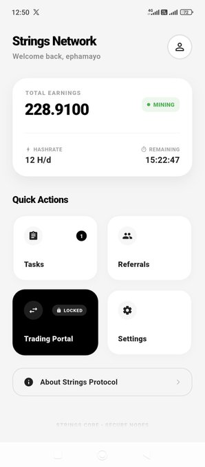 Screenshot of the 'Strings Network' app showing total earnings of 228.9100 mining at 12 H/d, with Quick Actions for Tasks, Referrals, Trading Portal (locked), and Settings.