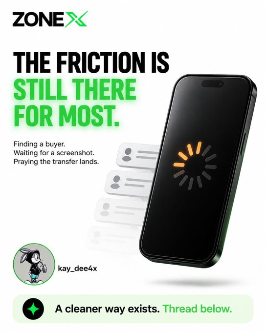 A promotional graphic for 'ZONE X' with the headline 'THE FRICTION IS STILL THERE FOR MOST.' featuring text about finding a buyer, waiting for a screenshot, and praying the transfer lands, alongside an image of a smartphone with a loading animation and the user handle 'kay_dee4x'.