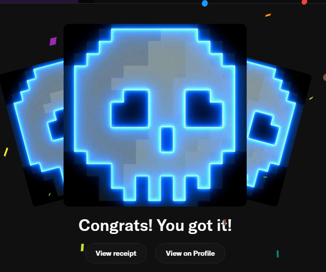 A glowing blue neon skull card is centered on a black background with two partial copies flanking it, accompanied by the congratulatory message "Congrats! You got it!" and buttons reading "View receipt" and "View on Profile" — confirming the successful mint of one of the 12 guaranteed #RockGuardians NFTs by @Mr_Anchovy_.