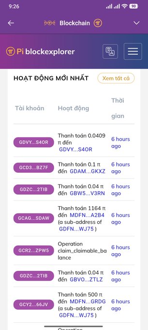 A screenshot of the Pi blockexplorer shows multiple "Thanh toán" (payment) transactions and an "Operation claim_claimable_balance" activity from accounts like GDVY...S4OR, GD3...BZ7F, and GCR2...ZPW5, all timestamped "6 hours ago," illustrating the trading halt on Pi Network's Mainnet referenced in the post.